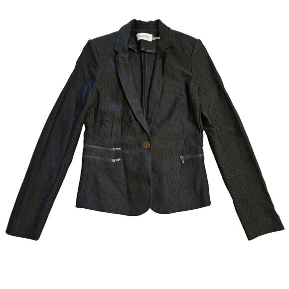 Calvin Klein Blazer Womens 6 Zipper Pocket Button Closure Black Career Jacket - Picture 1 of 10